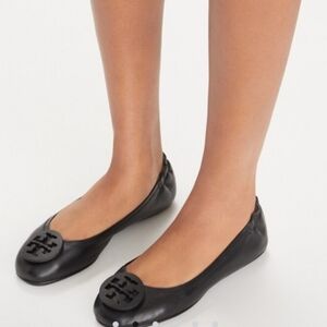 Tory Burch Women Minnie Logo Black Leather Ballet Flats Shoes Sz 7